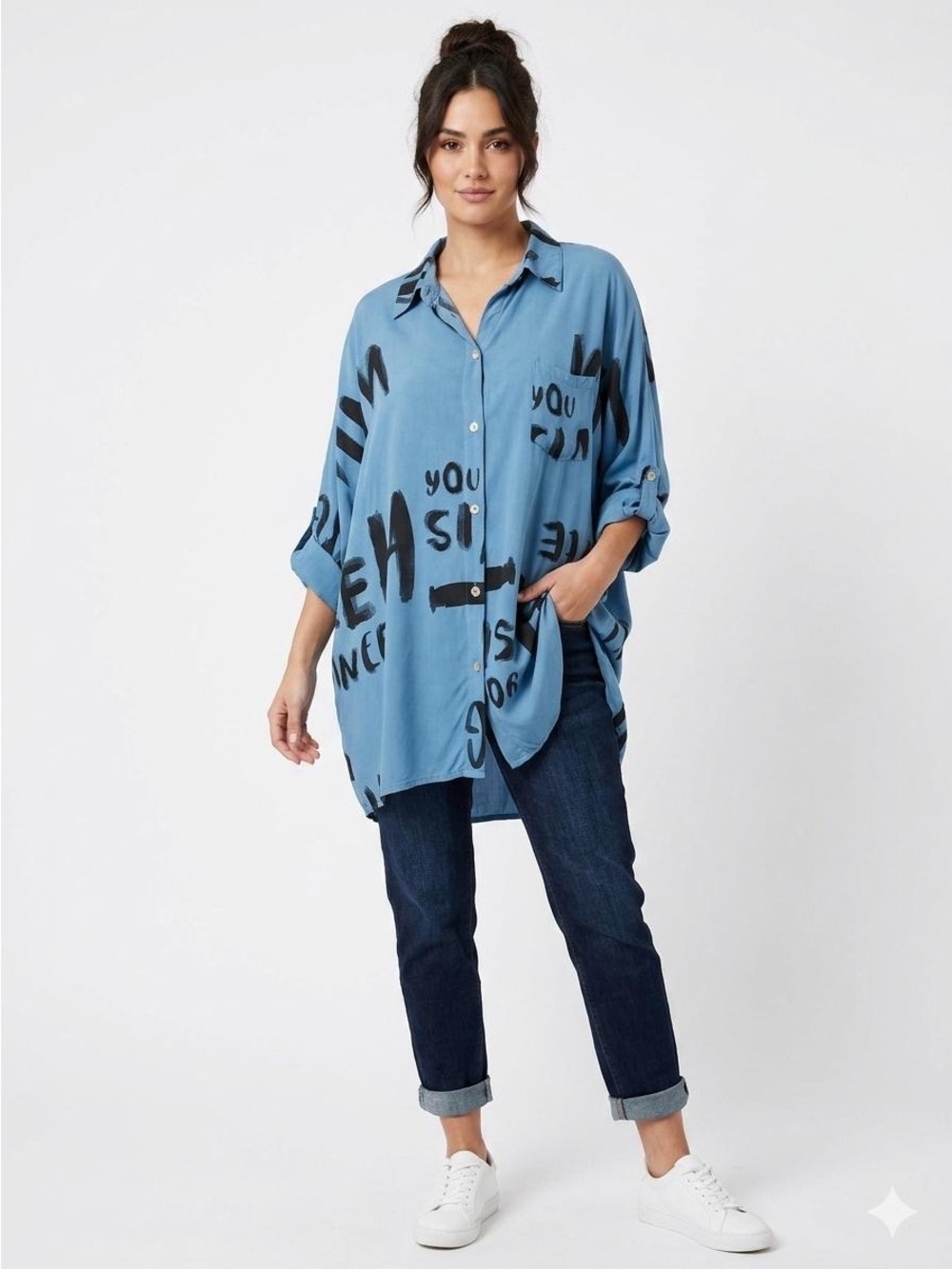 Bella Amore Italy Blue Oversized Graphic Print Button Down Tunic Shirt 323 boho